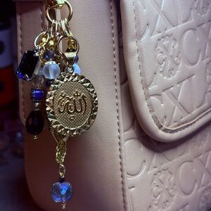 Artisan Hand Crafted Allah Glass, Stone & Mother of Pearl Bag Purse Charm Blue